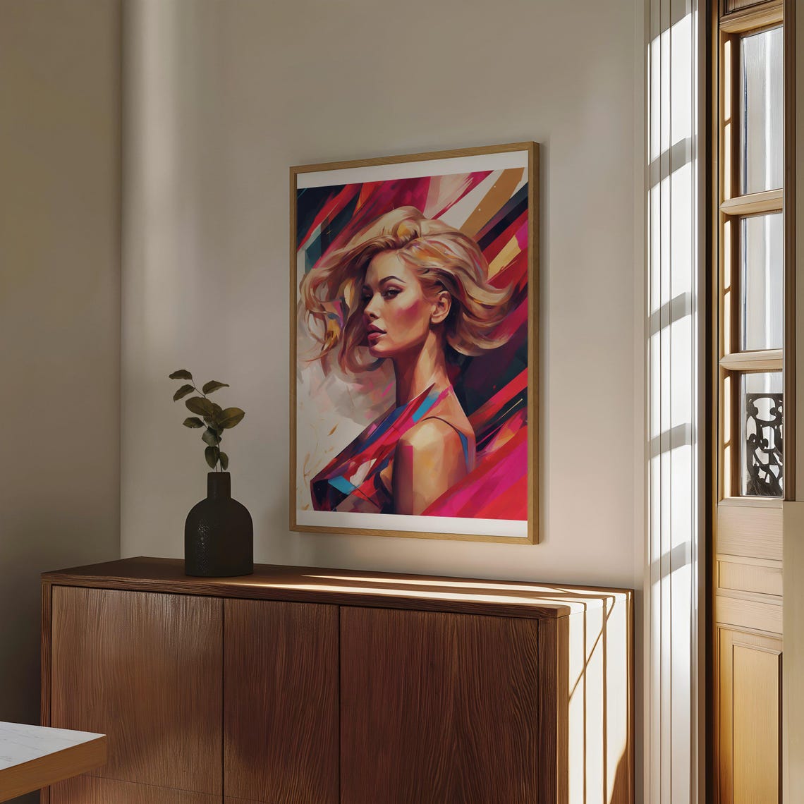 Blonde Woman Profile Abstract Poster With Vibrant Red Brushstrokes - Image 4