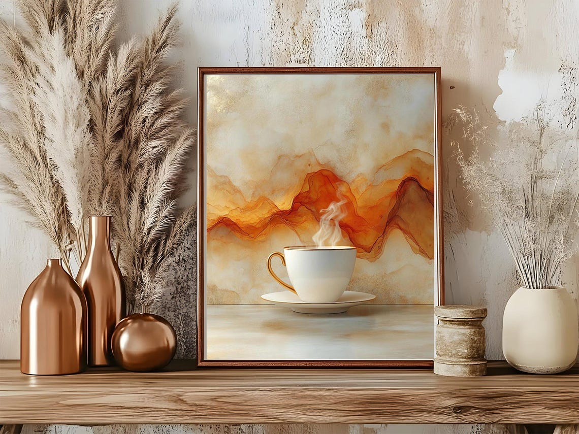 Steaming Coffee Cup Warm Amber Watercolor Swirl Kitchen Art Poster - Image 5