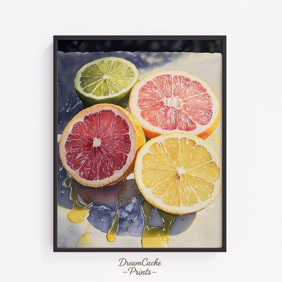 Fresh Citrus Halves Lime Lemon Grapefruit Watercolor Kitchen Poster