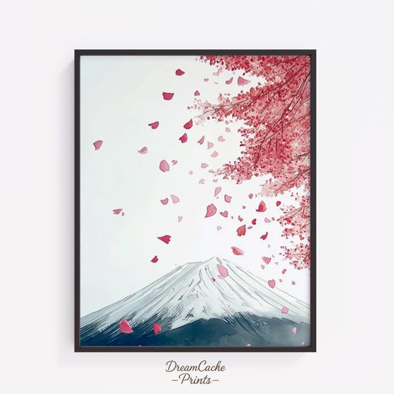 Wabi Sabi Japandi Wall Art Boho Style Mount Fuji With Falling Cherry Blossoms Anime Minimalist Decor 182