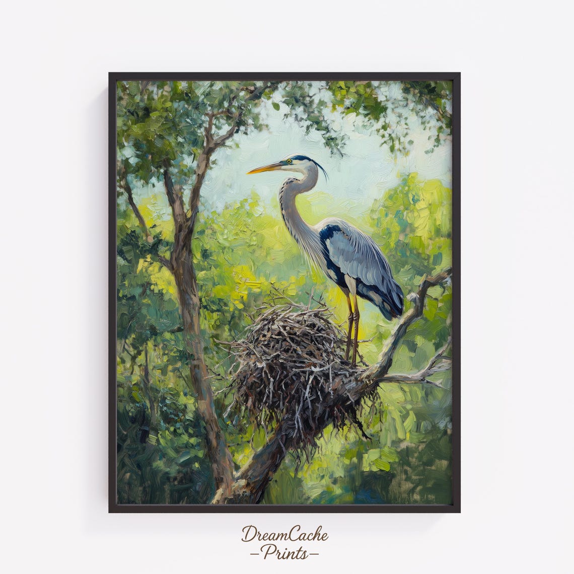 Great Blue Heron Nesting In Green Tree Canopy Oil Painting Poster