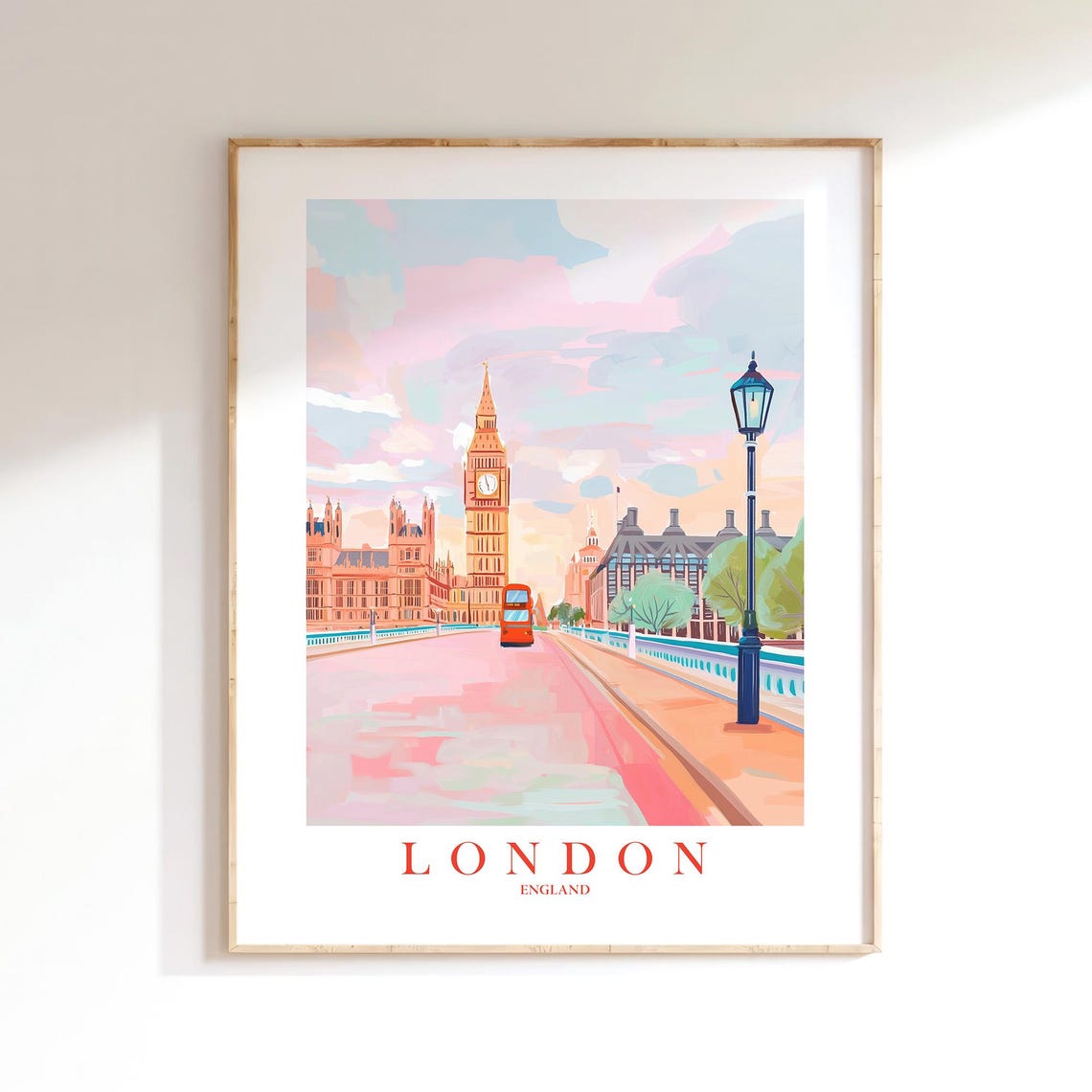 London Big Ben Red Bus Pastel Westminster Bridge Travel Poster