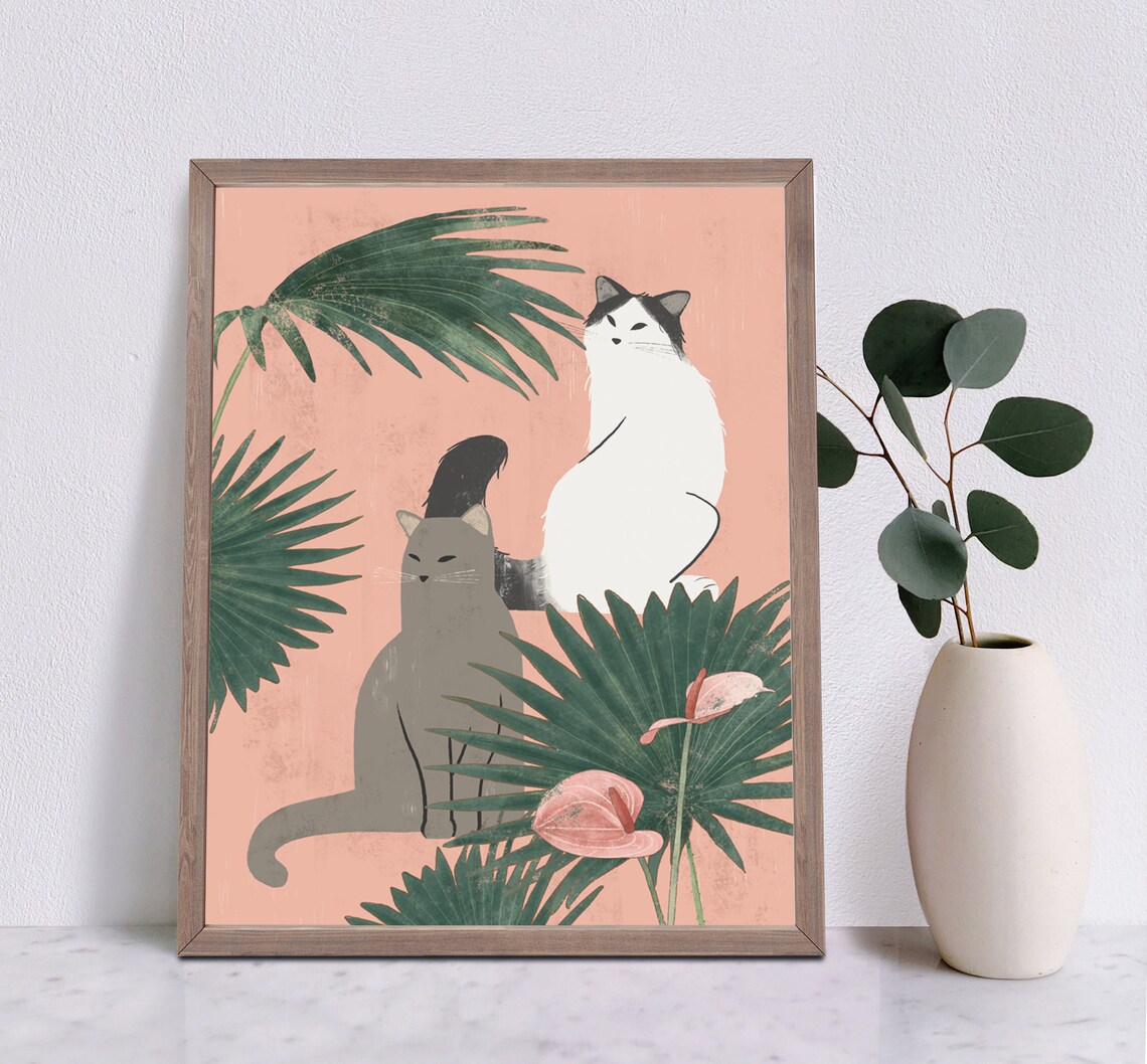 Cats And Tropical Plants Boho Cat Art Print - Image 3