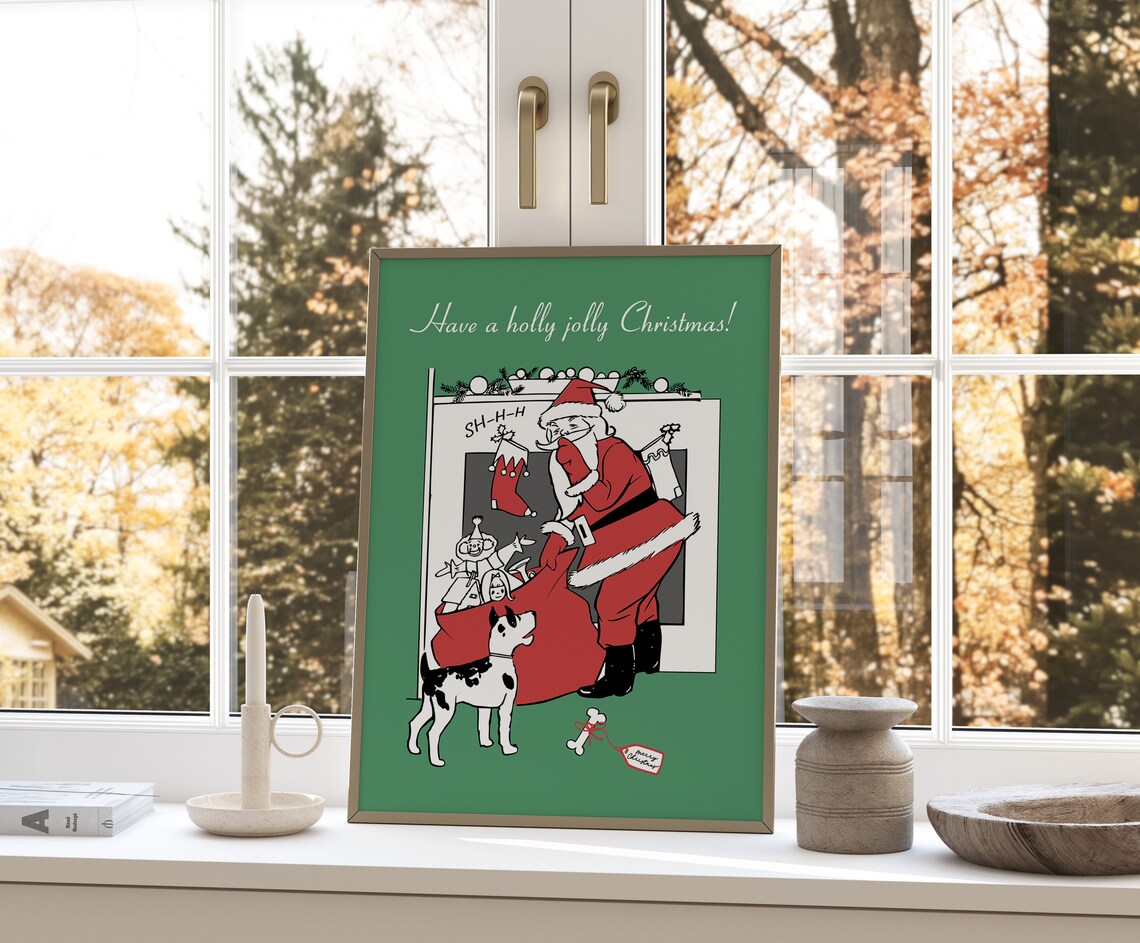 Retro Santa And Puppy Share Holly Jolly Christmas Green Wall Art - Image 4
