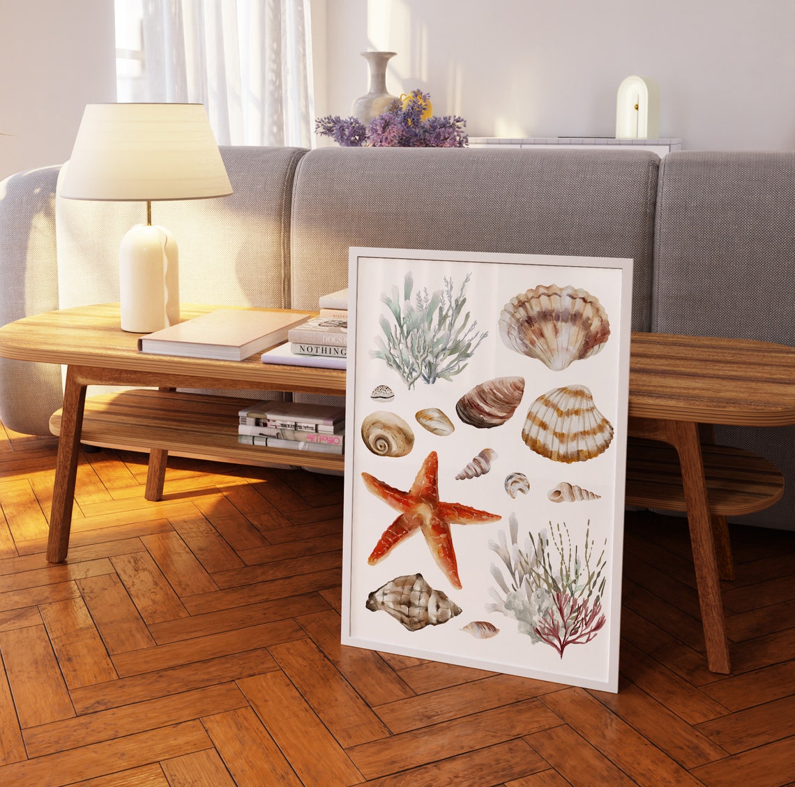 Watercolor Sea Shells Starfish Coral White Coastal Beach Wall Art - Image 2