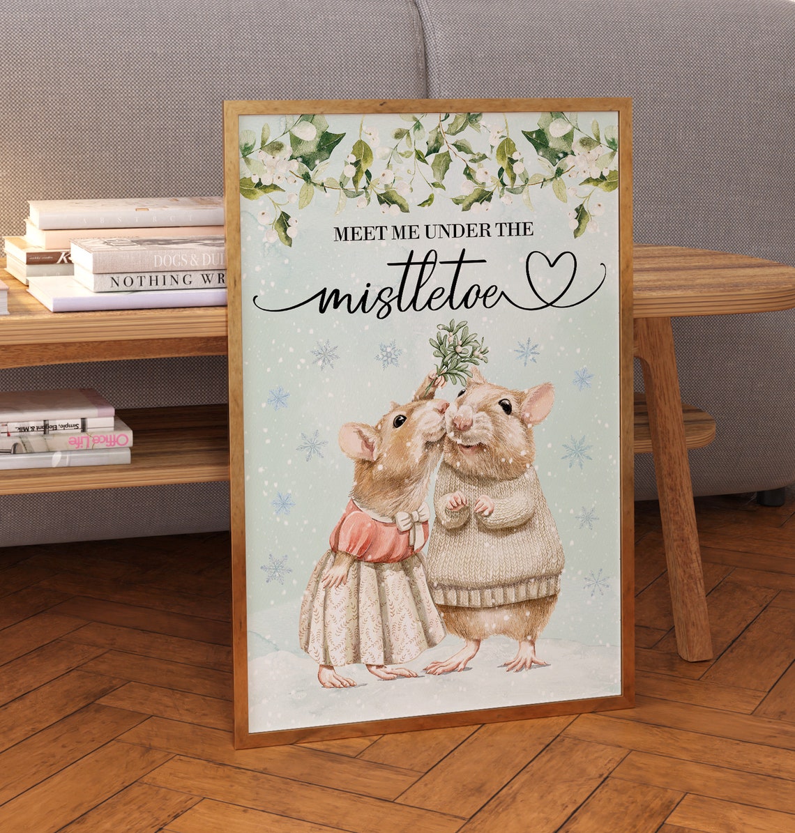 Meet Me Under The Mistletoe Two Kissing Mice Christmas Poster - Image 2