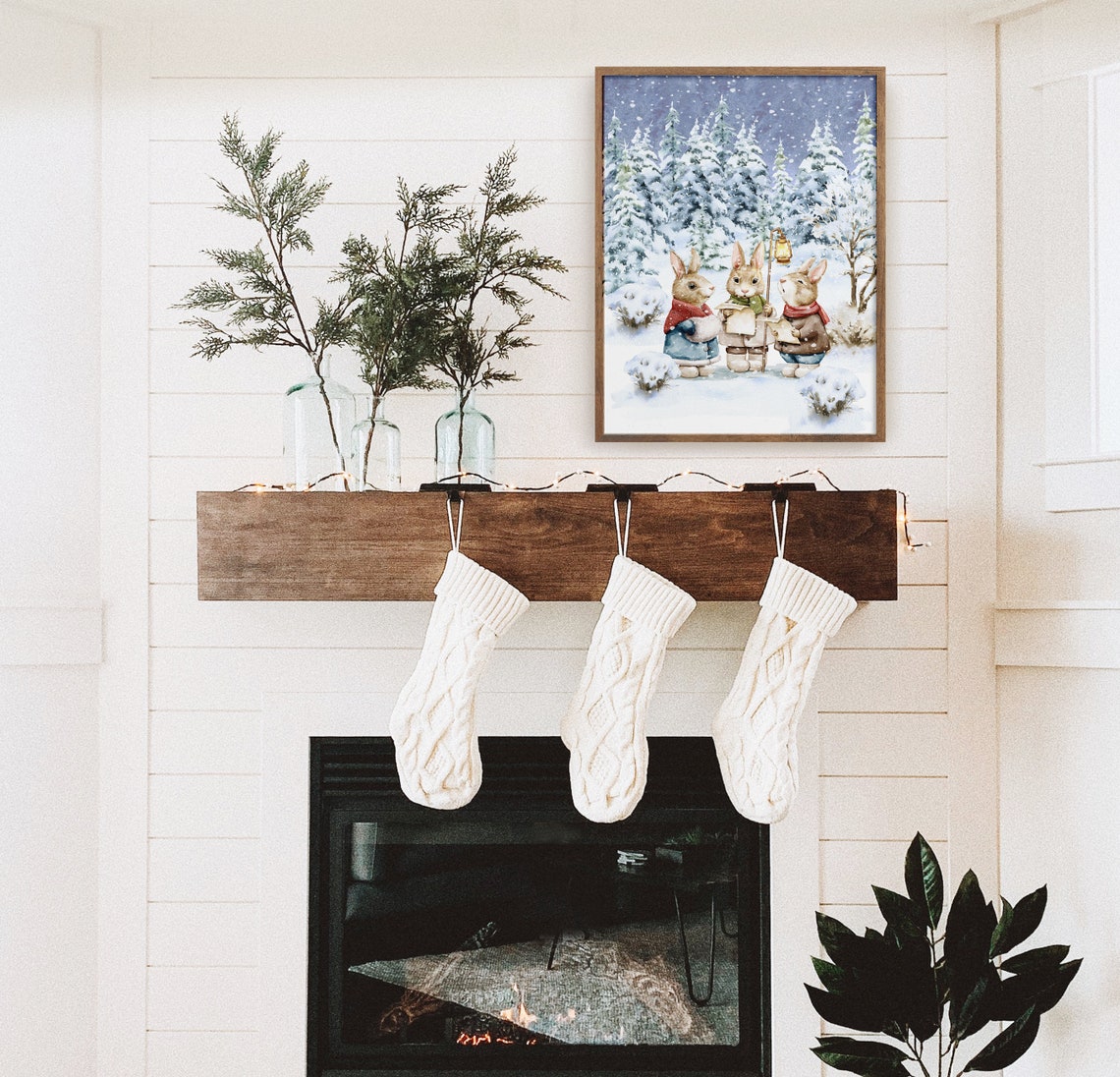 Three Bunny Carolers Singing In A Snowy Winter Forest Wall Art - Image 3