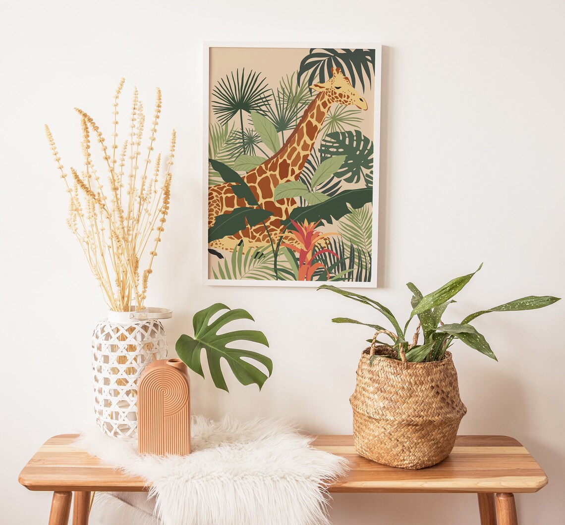 Giraffe and Tropical Plants Wild Animal Art Print - Image 4