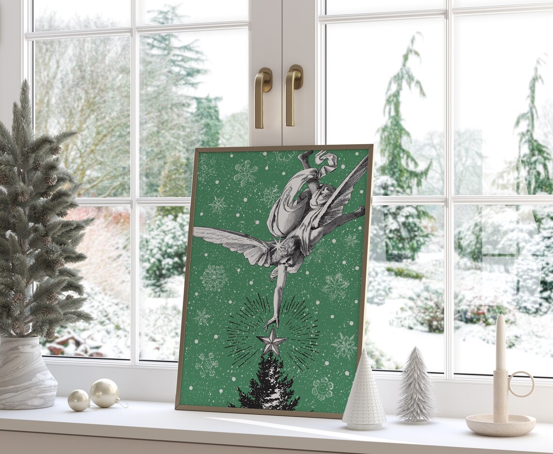 Vintage Angel Placing Star Atop Christmas Tree Green Wall Art - Image 4