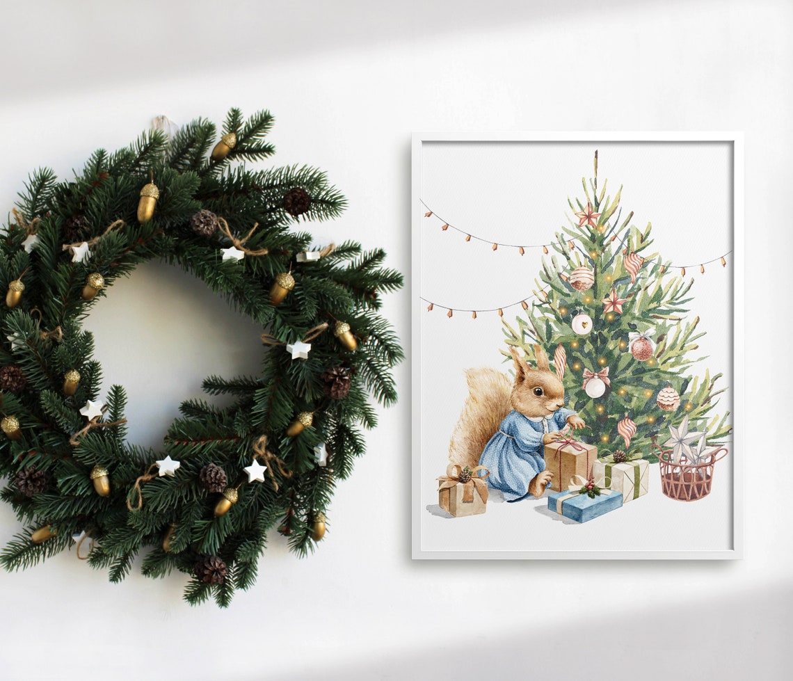 Little Squirrel In Blue Dress Opening Gift By Christmas Tree Poster - Image 4