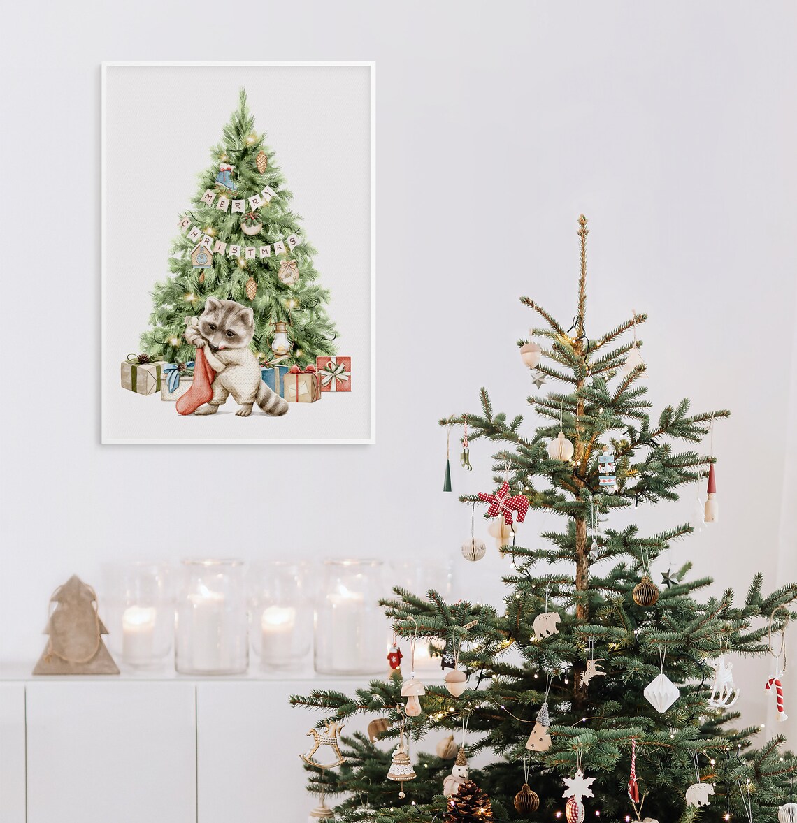 Christmas Wall Art Christmas Wall Art Winter Poster Christmas Watercolor Christmas Print Cozy Winter Art Raccoon Art - Image 2