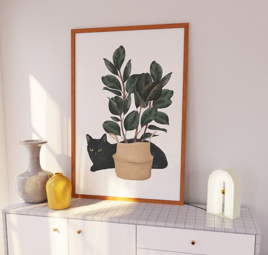 Black Cat and House Plant Watercolor Cat Print - Image 2