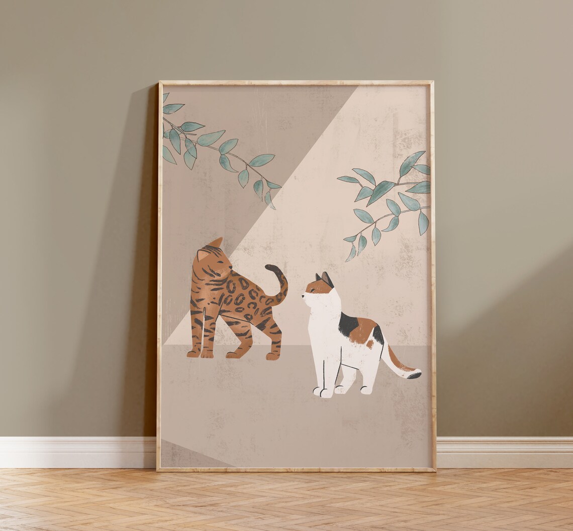 Cats and Plant Illustration, Boho Cat Art Print