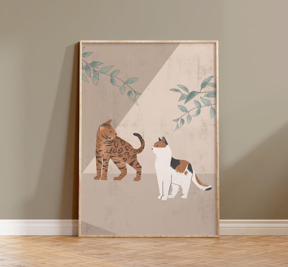 Cats and Plant Illustration, Boho Cat Art Print