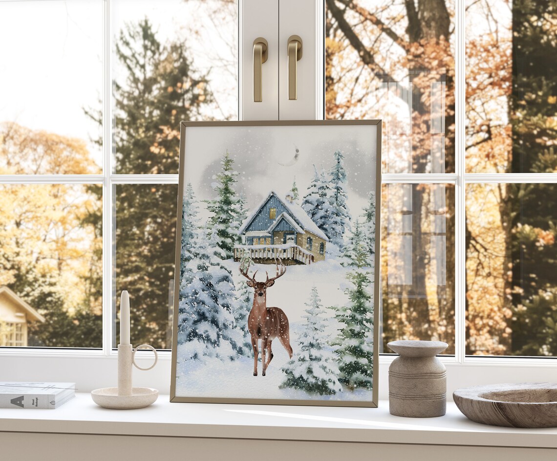 Majestic Buck Deer Before Snowy Cabin Under Crescent Moon Poster - Image 4