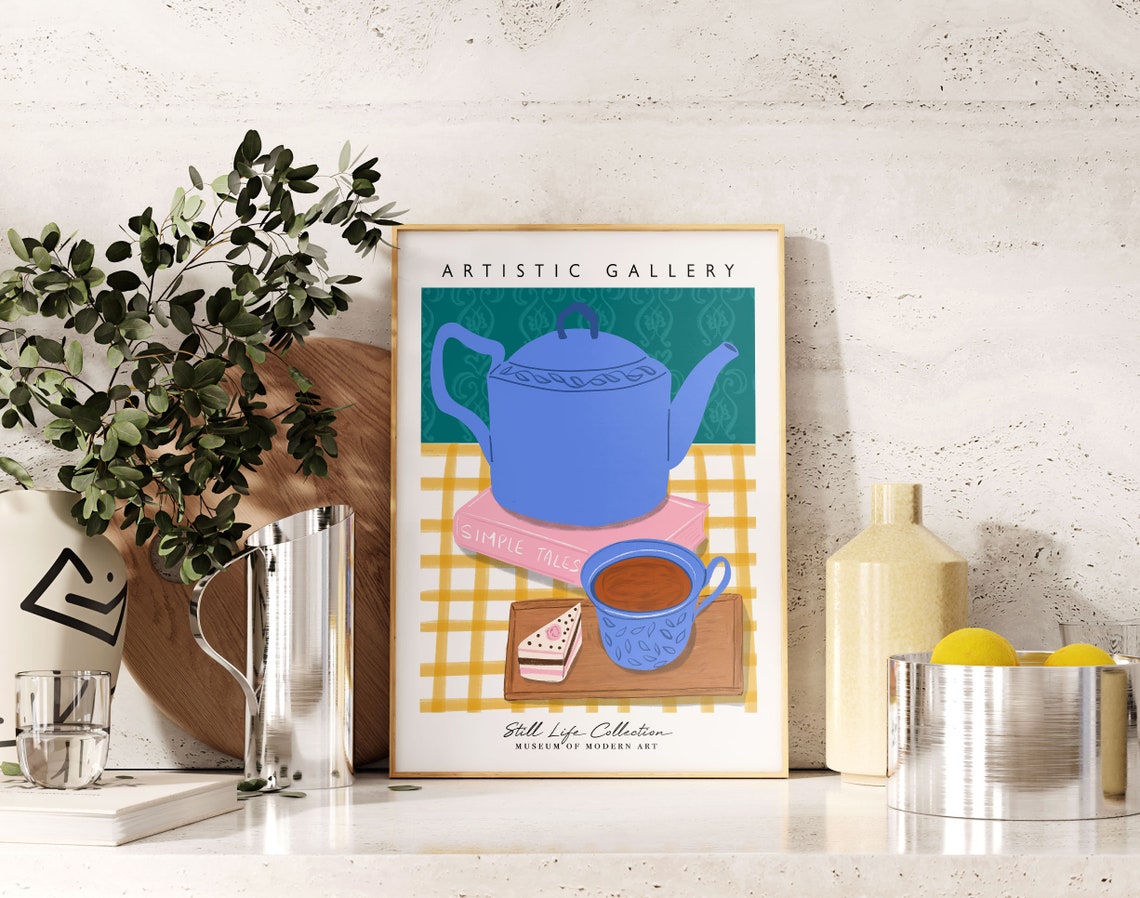 Blue Teapot Tea Cup Still Life Cozy Kitchen Art Gallery Poster - Image 3
