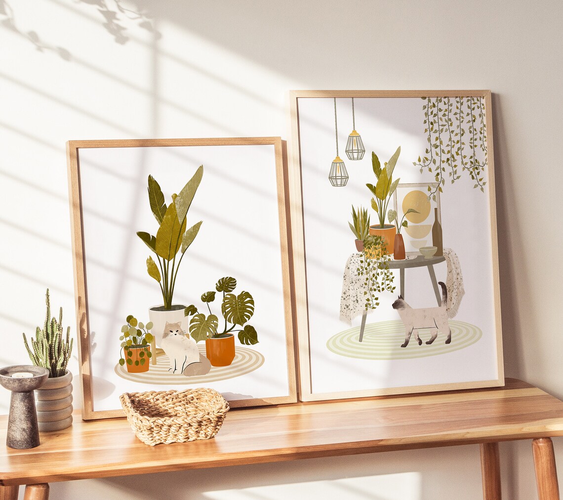 Boho Plants With Siamese Cat, Cat Art Print - Image 2