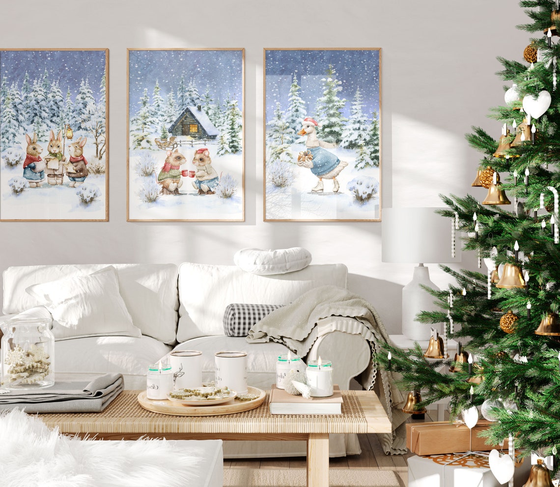 Three Bunny Carolers Singing In A Snowy Winter Forest Wall Art - Image 2
