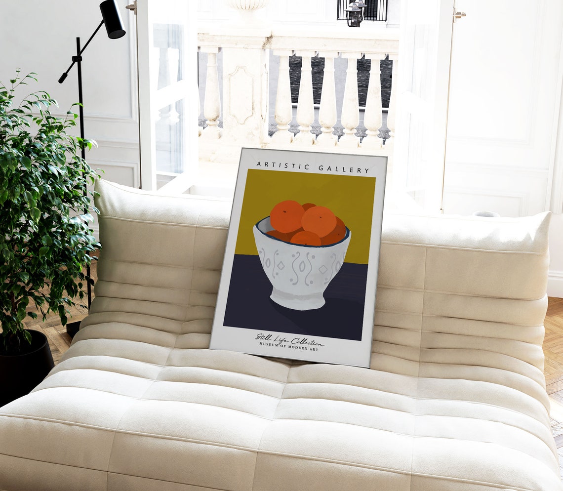 Oranges White Bowl Still Life Mustard Navy Background Gallery Poster - Image 4