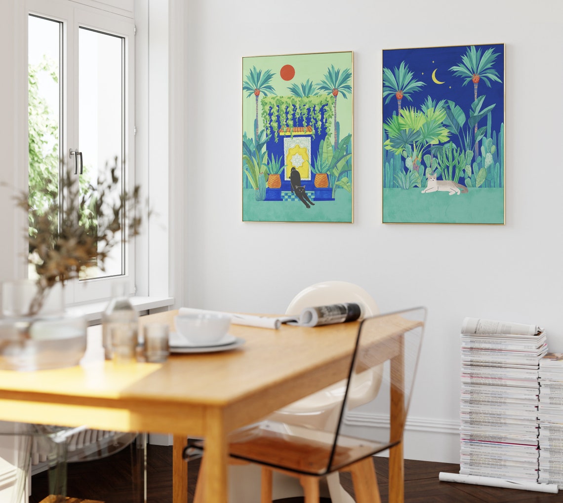 Black Cat Moroccan Blue Doorway Palm Garden Tropical Art Poster - Image 2