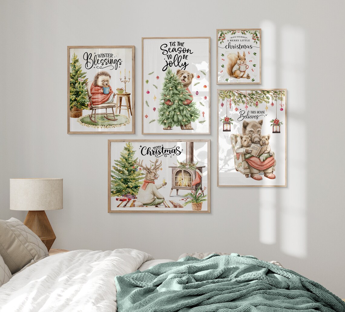 Merry Christmas Reindeer Celebrating By Cozy Stove Watercolor Poster - Image 2
