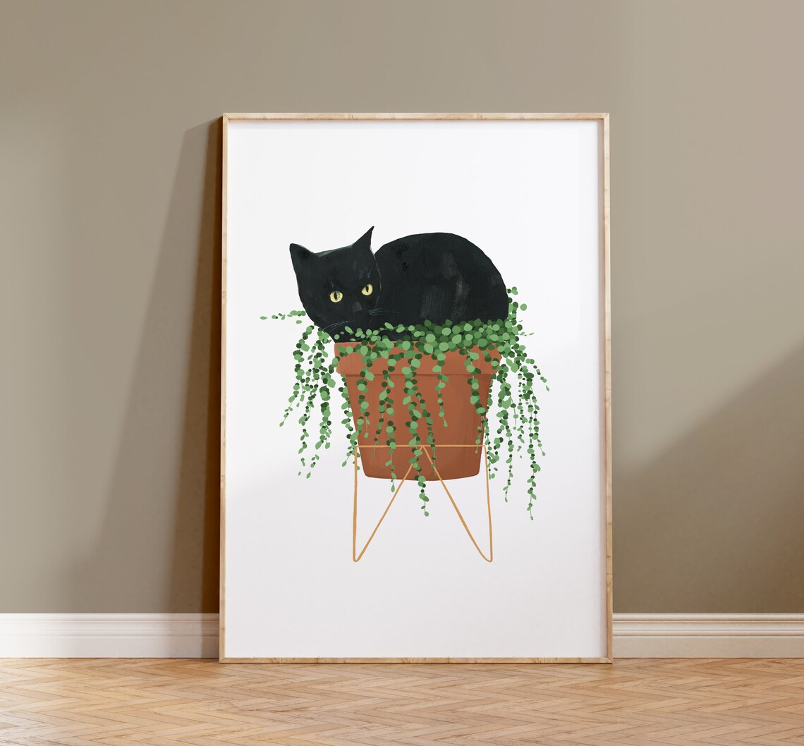 Black Cat and Plant Watercolor Art Print