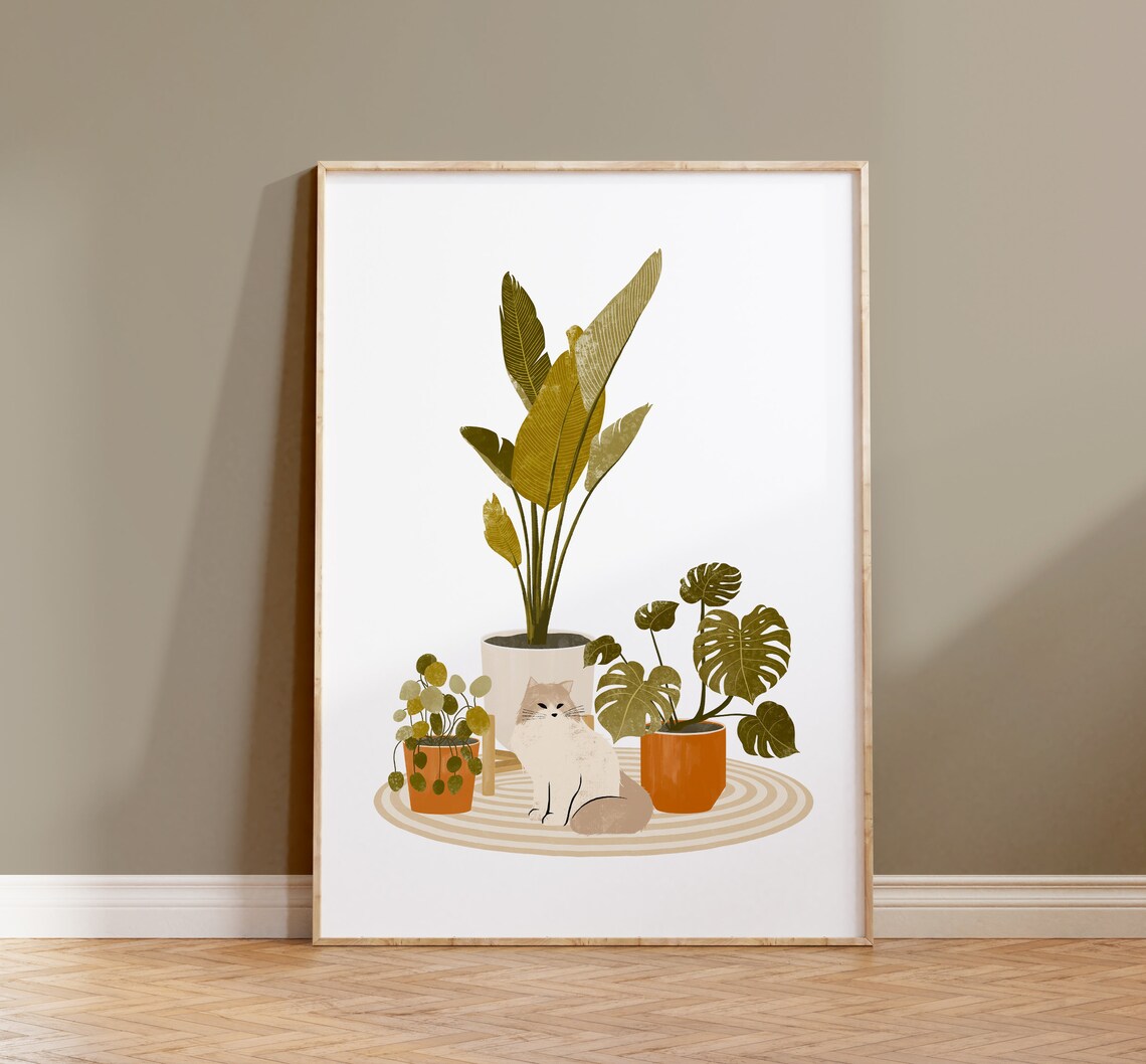 Boho Cat and Plant Art Print, Cat Wall Decor