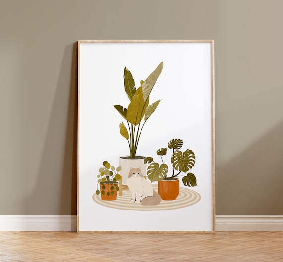 Boho Cat and Plant Art Print, Cat Wall Decor