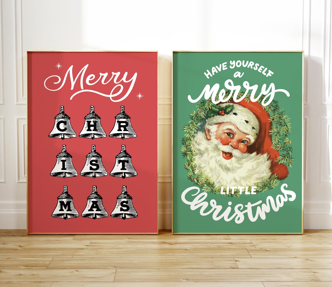 Merry Christmas Letter Bells Red Vintage Holiday Greeting Wall Art - Image 2