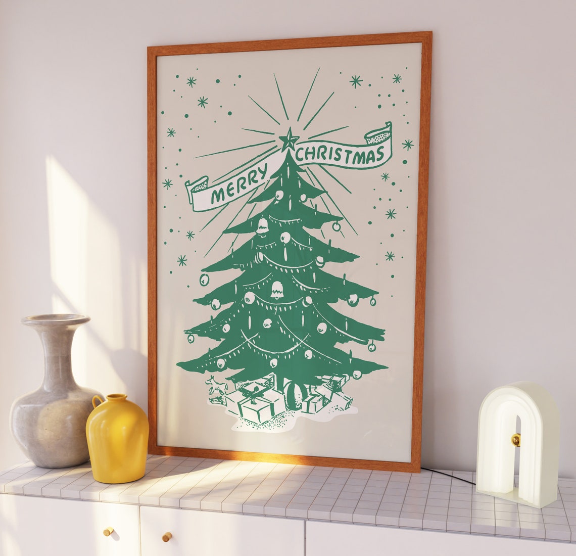 Merry Christmas Retro Green Christmas Tree Line Art Wall Art - Image 4