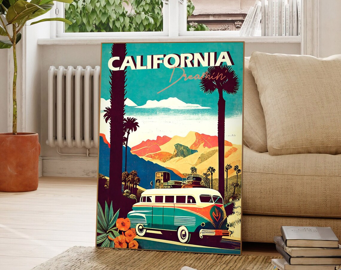 California Dreamin Retro VW Bus Palm Trees Vintage Travel Poster