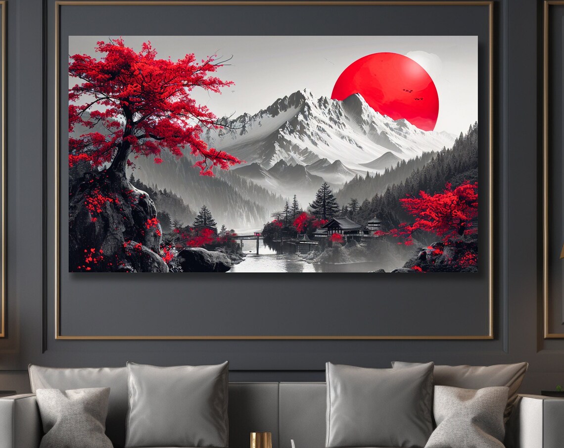 Japanese Temple and Red Sun Mountain Art Print - Image 2