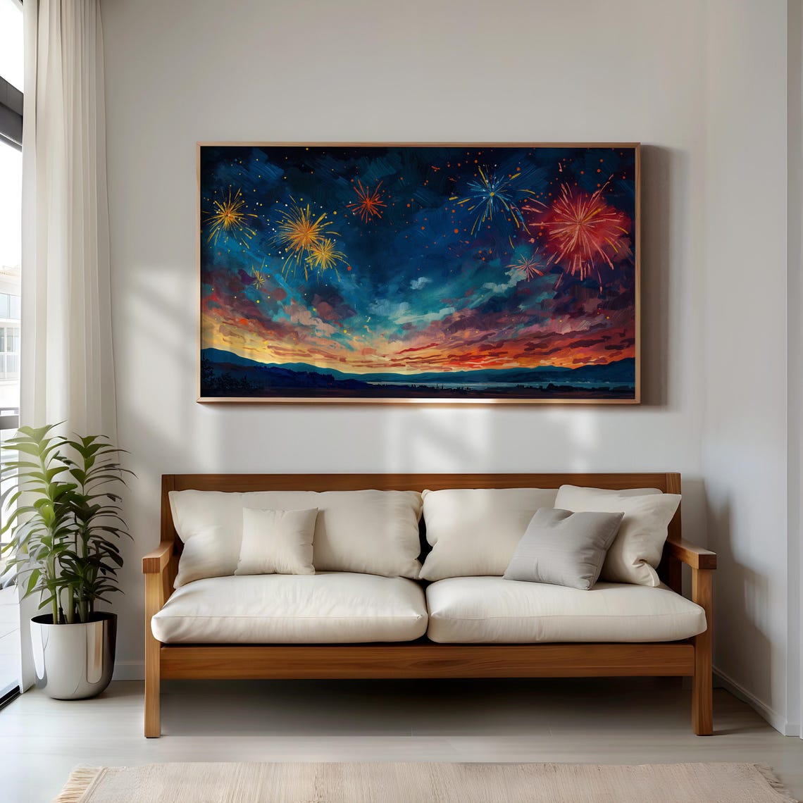 Fourth Of July Fireworks Over Sunset Mountain Painting Print