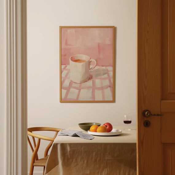 Gingham Coffee Mug Print Minimalist Kitchen Wall Art