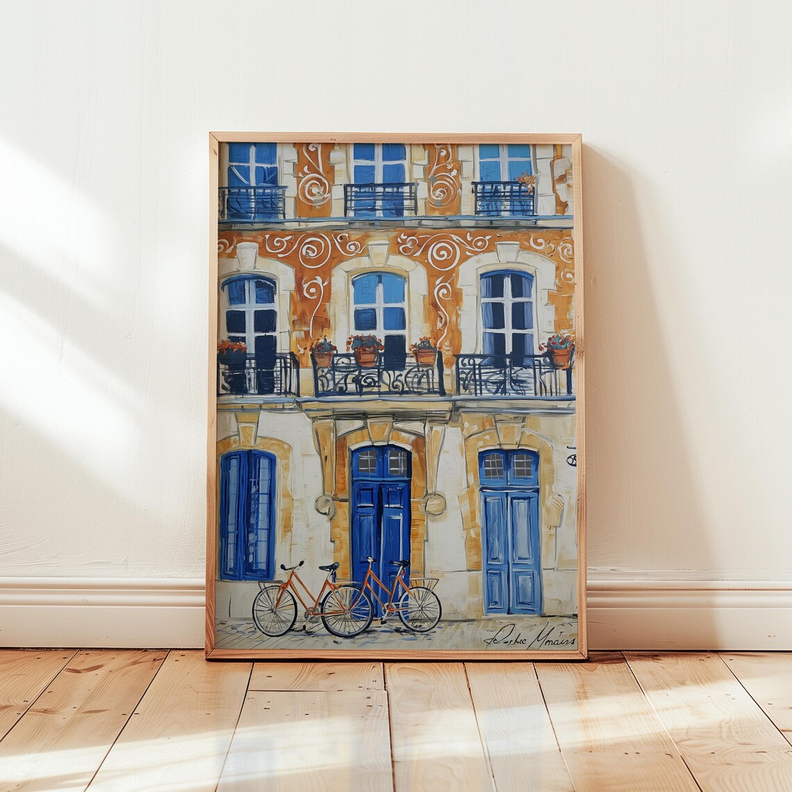 Vintage European Building Facade Painting with Orange Bicycles Poster