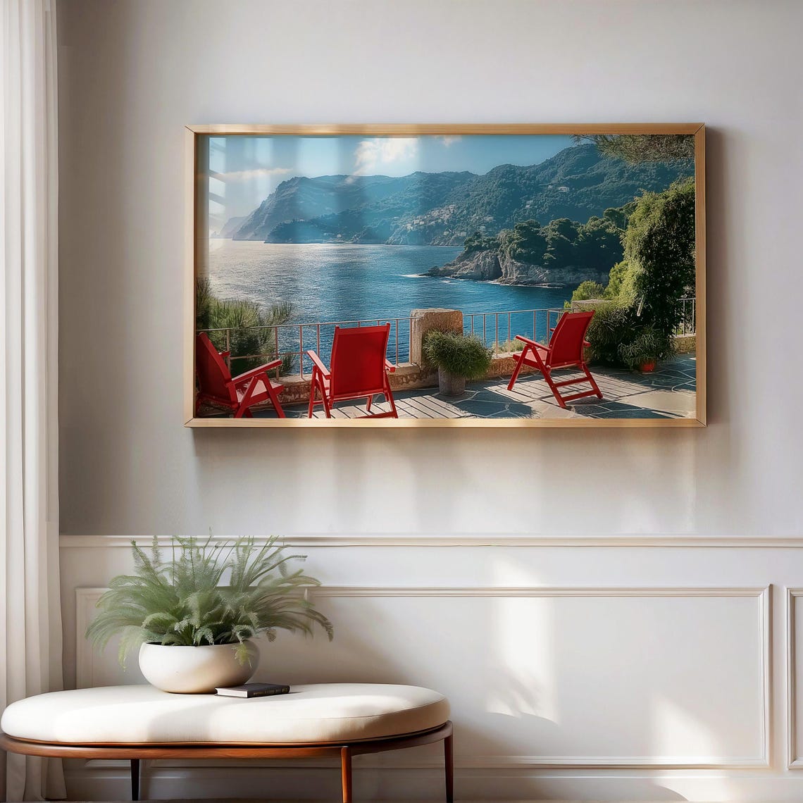 Greek Coast Stone Terrace With Red Chairs Sea View Photo Poster