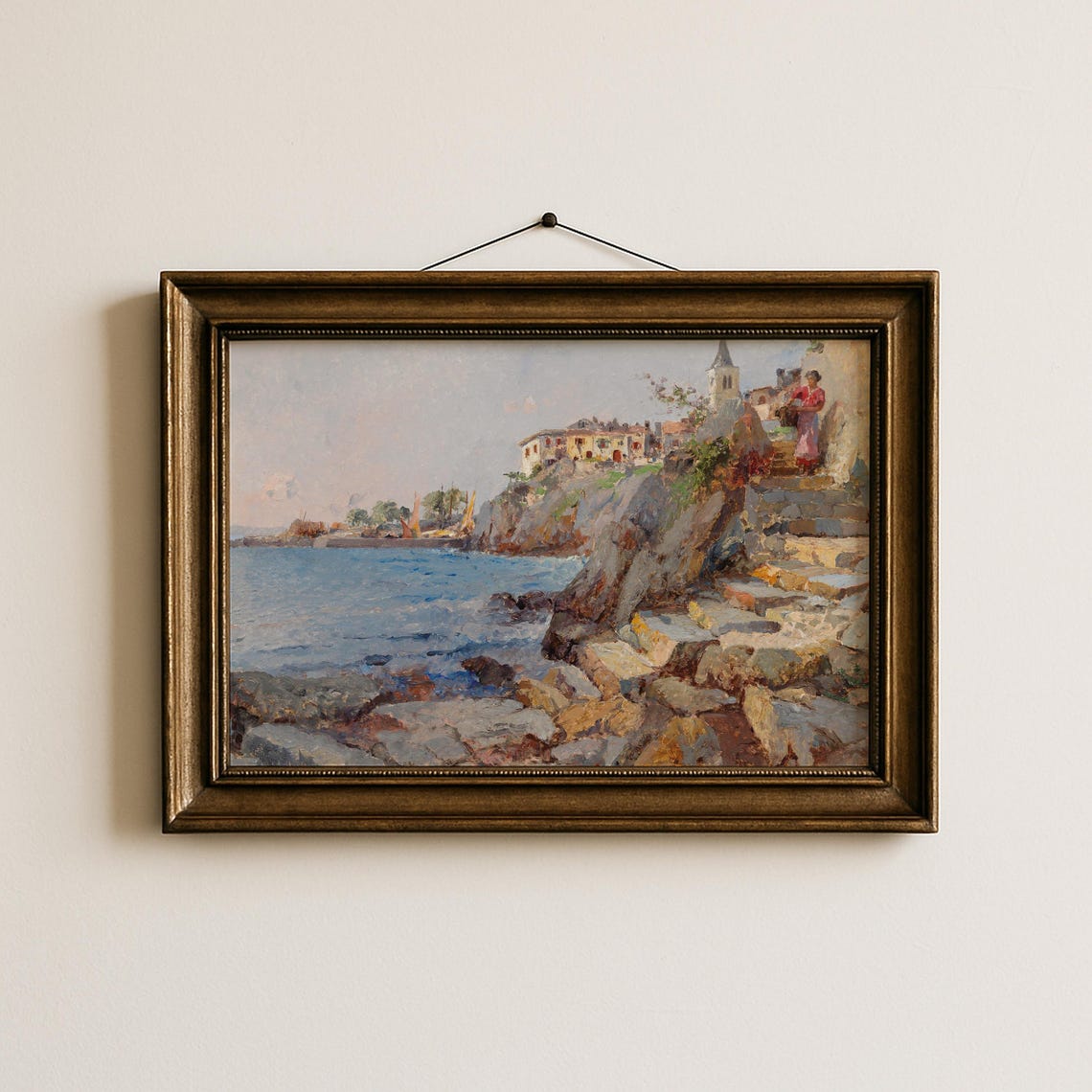 Vintage Coastal Village Cliff Seaside Mediterranean Painting Poster