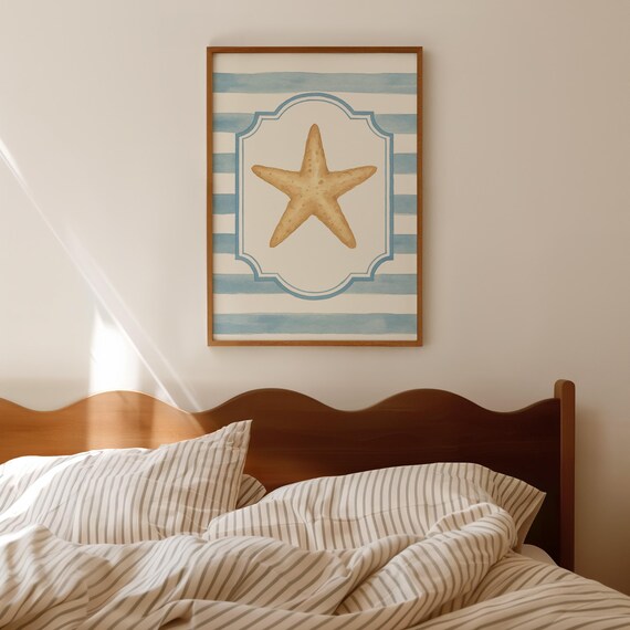 Starfish Coastal Watercolor Art Print on Blue Striped Nursery Background