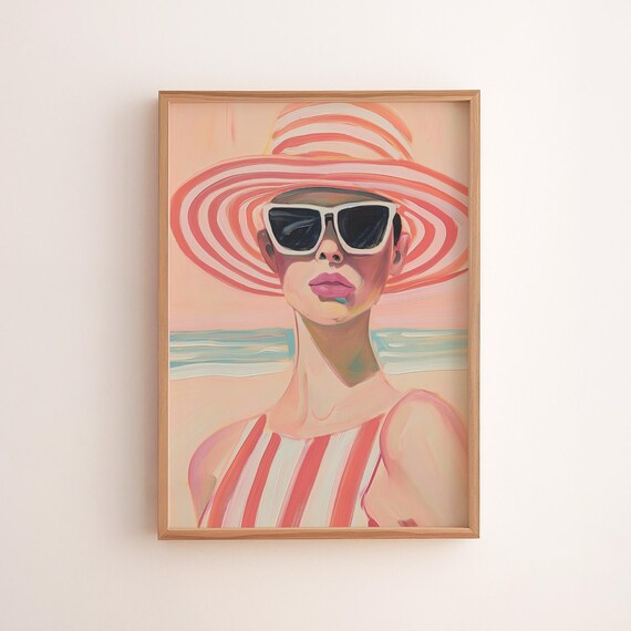 Retro Beach Lady Striped Sunhat Sunglasses Fashion Art Poster