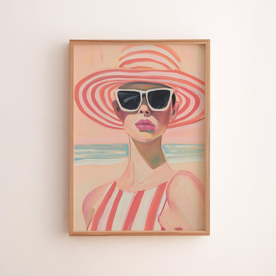 Retro Beach Lady Striped Sunhat Sunglasses Fashion Art Poster