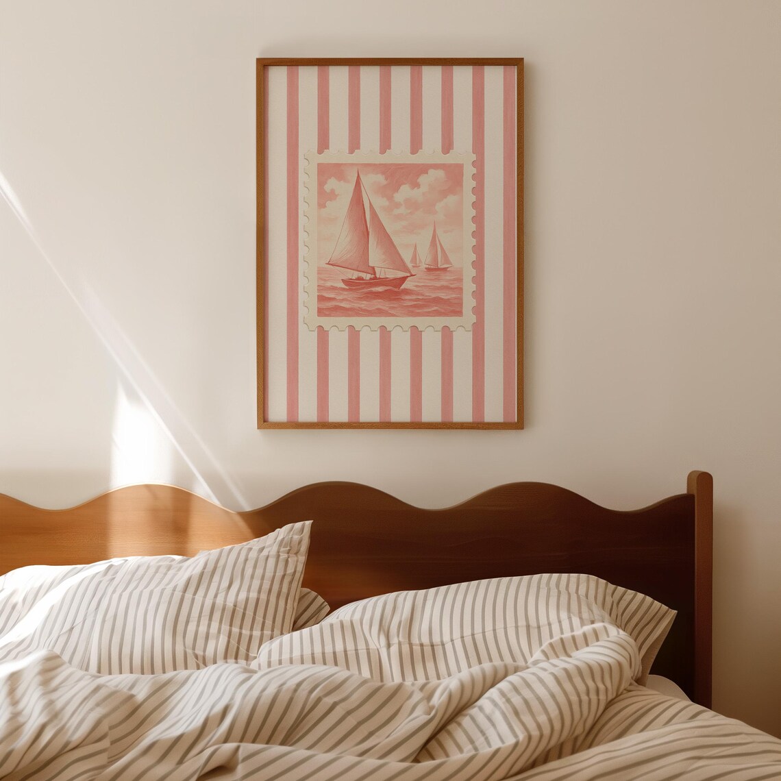 Pink Stripe Sailboat Stamp Coastal Nautical Bedroom Wall Print