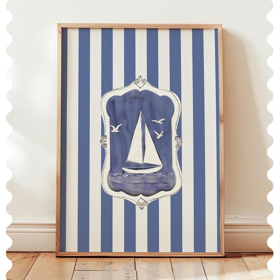 Nautical Sailboat Crest on Blue and White Stripes Coastal Art Print