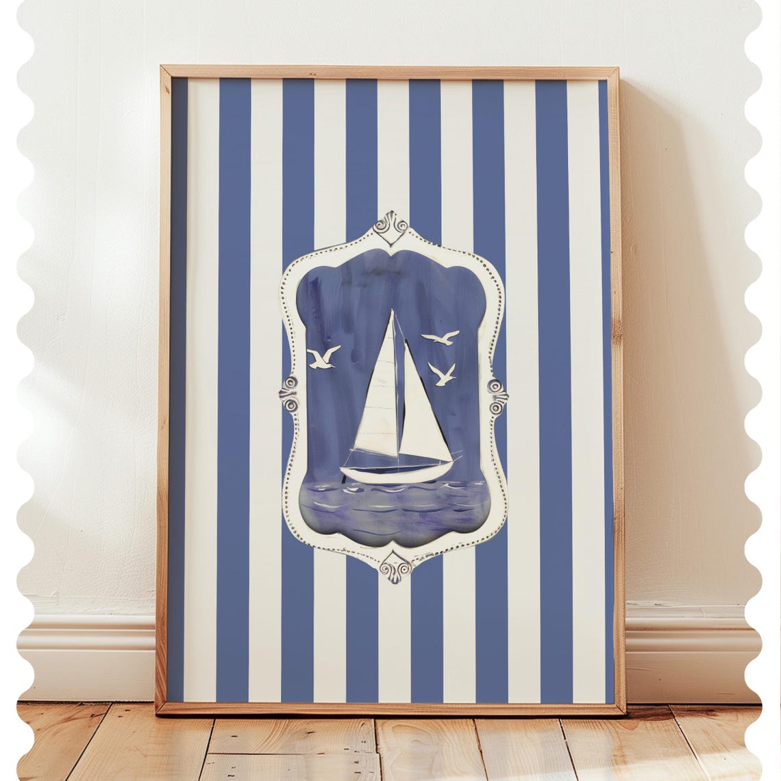 Nautical Sailboat Crest on Blue and White Stripes Coastal Art Print