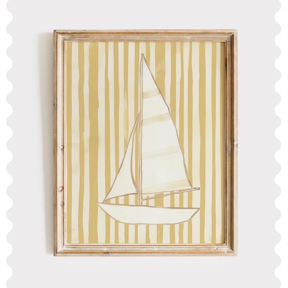 Minimalist White Sailboat on Mustard Yellow Stripes Nautical Poster
