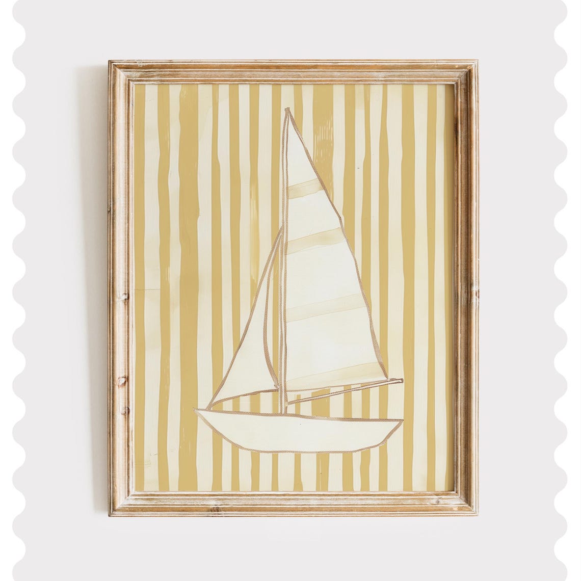 Minimalist White Sailboat on Mustard Yellow Stripes Nautical Poster