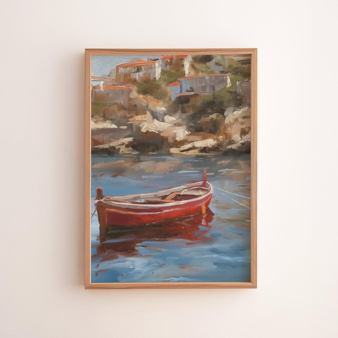 Red Rowboat Impressionist Oil Painting Coastal Village Poster