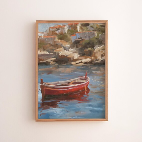 Red Rowboat Impressionist Oil Painting Coastal Village Poster