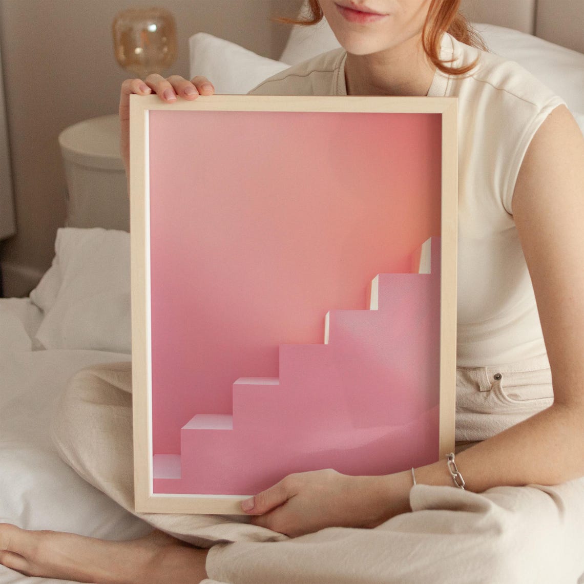 Pink Gradient Stairs Abstract Art Print For Preppy Room Decor