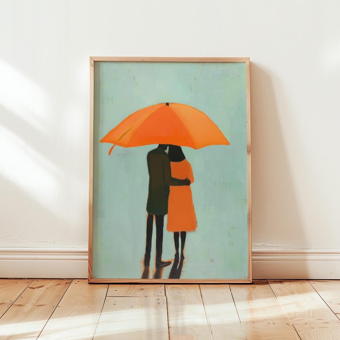 Couple Under Orange Umbrella Minimalist Romantic Love Art Poster