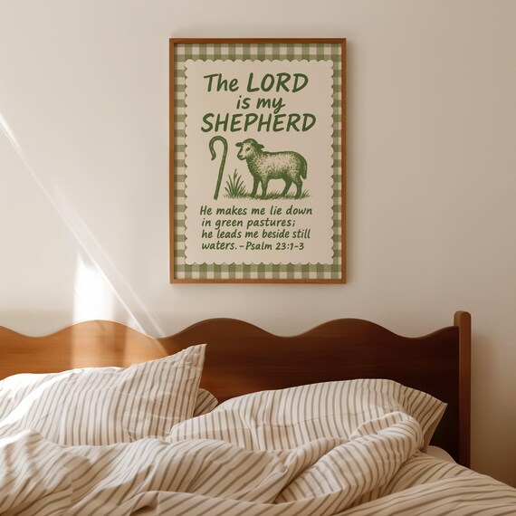 Psalm 23 Sheep Print Green Gingham Christian Wall Art